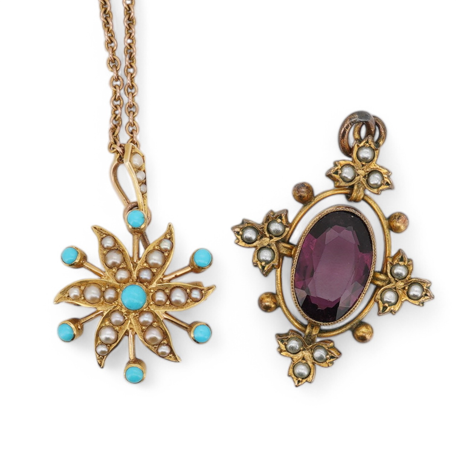 An early 20th century yellow metal, seed pearl and turquoise cluster set pendant, overall 26mm, on a 9ct chain, 43cm, gross weight 7 grams, together with a similar amethyst paste and simulated pearl set pendant. Conditio